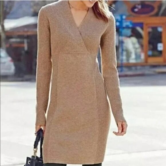 Athleta Chalet Tan Merino Wool Long Sleeve Ribbed V-Neck Stretchy Sweater Dress - Picture 2 of 10